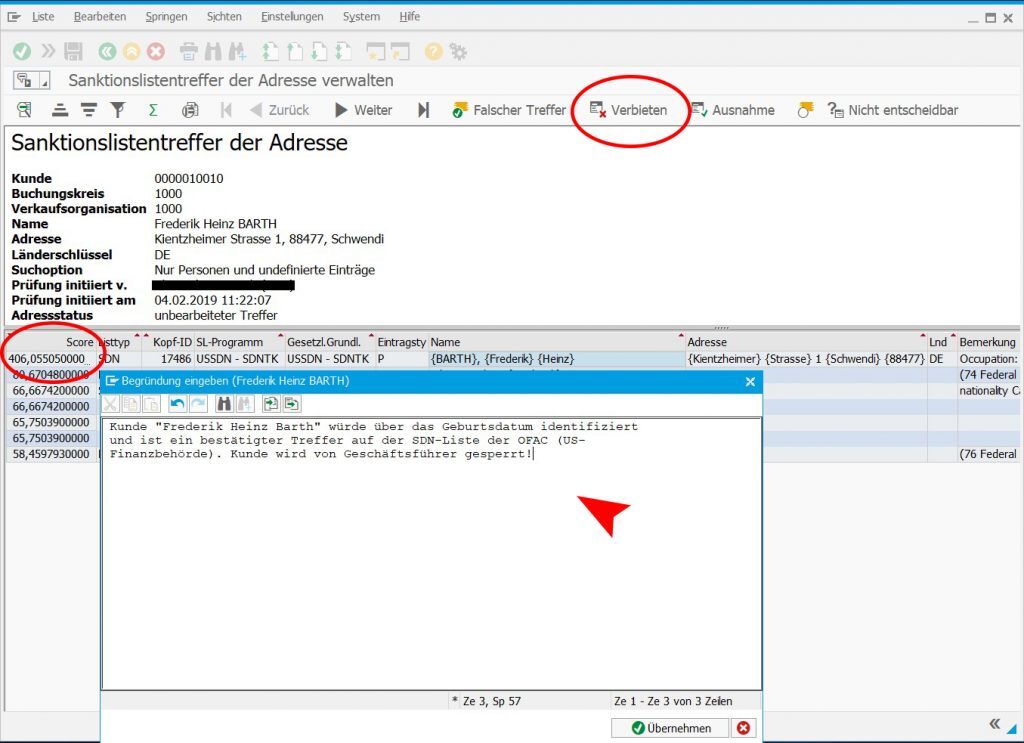 Dokumentation eines Sanktionslistentreffers in pControl