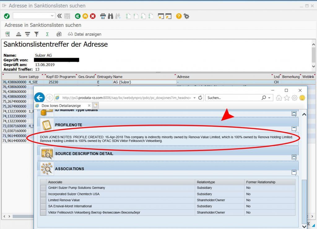 Manuelle Suche - Dow Jones - Eigentümerverhältnisse in Sanktionsliste