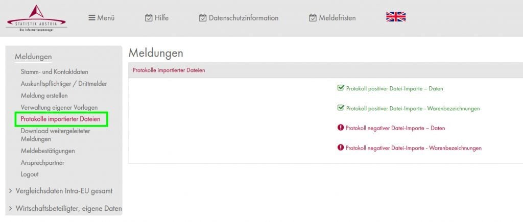 Protokolle im Statistik Austria Portal