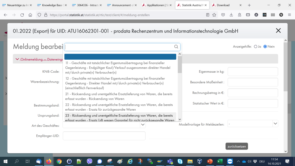 Codeliste Statistik Austria Webportal