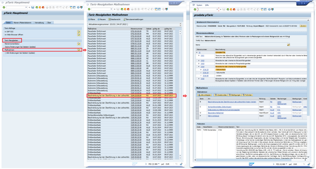 pTaric Screenhot Neue Maßnahmen